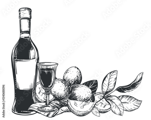 Bottle of Italian liqueur Nocino, glass with aperitif. Vector walnut in engraving technique. Unripe walnut seeds whole and halves, leaves and branches. Linear sketch in black ink on white background.