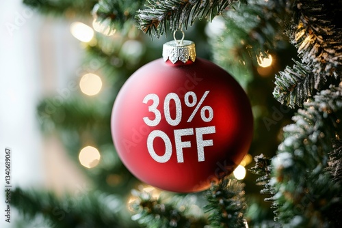 Red Christmas bauble with 30 percent off sign hanging on fir tree branch