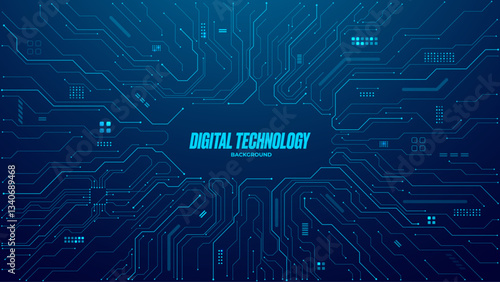 Digital technology background. Circuit board with chip, semiconductor, and processor. AI and tech innovation concept. Abstract blue futuristic bg. Motherboard on backdrop banner. Vector illustration.