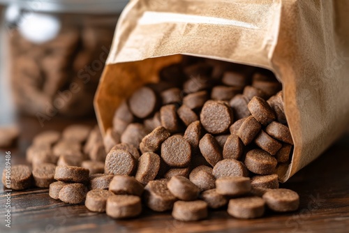 Brown paper bag mockup for pet food or snacks with dry kibble scattered on white background