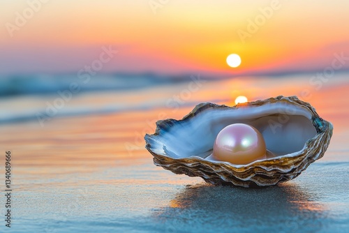 Lustrous pearl inside an open oyster shell on a sandy beach at sunset, treasure and luxury concept