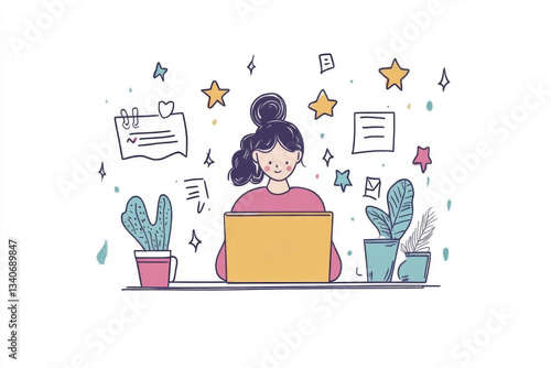 Doodle illustration of young woman working on laptop with stars and feedback icons, customer review and online service concept