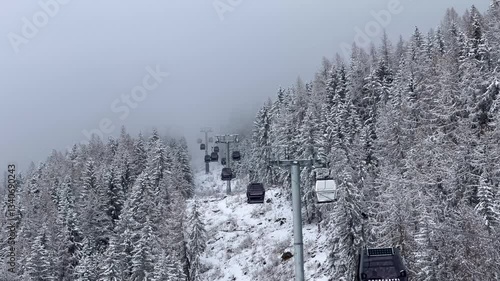 Ski gondolas of Courchevel ski resort in French alps on a snowy day