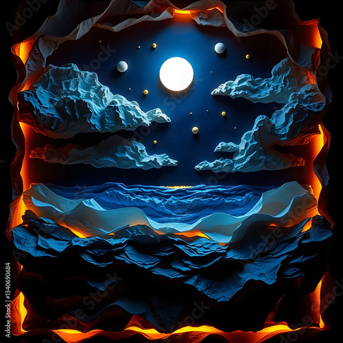 The moonlit sea, clouds, moon, and stars have an otherworldly appearance with soft focus and a hazy background art illustration design