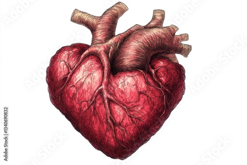 Human anatomical heart illustration in hand drawn vintage style, realistic heart organ with veins and arteries isolated on white background, medical and health concept