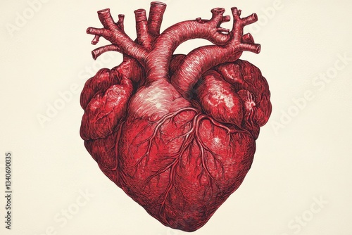 Human anatomical heart illustration in hand drawn vintage style, realistic heart organ with veins and arteries isolated on white background, medical and health concept
