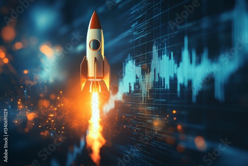 Concept of startup success and rapid stock price increase with rocket flying