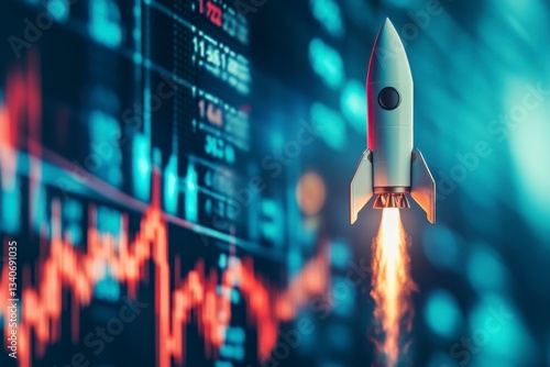 Concept of startup success and rapid stock price increase with rocket flying