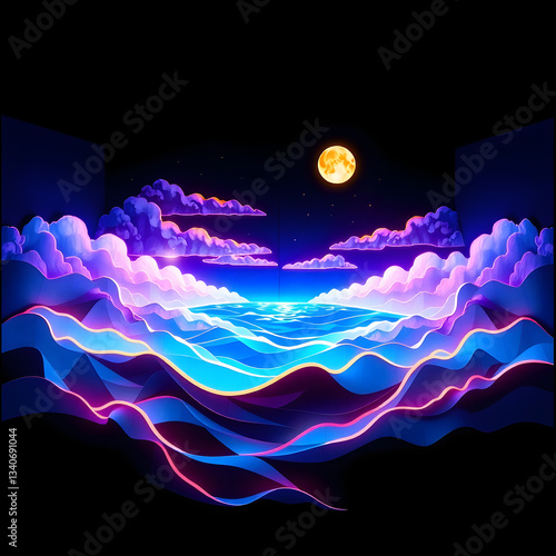 The moonlit sea, clouds, moon, and stars have an otherworldly appearance with soft focus and a hazy background art illustration design