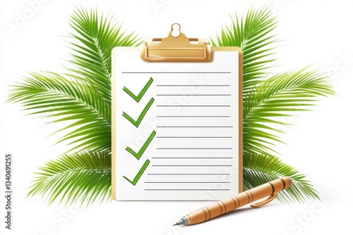 Eco-friendly business checklist or travel itinerary concept with tropical foliage
