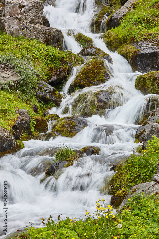 Creek flowing on a green rocky hill. Seydisfjordur area. Iceland.