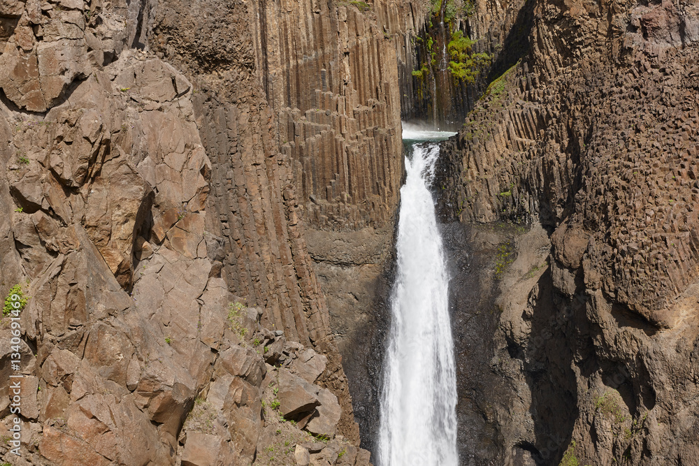Litlanesfoss waterfall and basaltic rocks. Lagarfljot area. East fiords. Iceland
