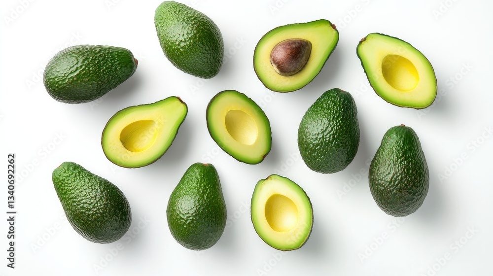 Group of avocados, whole and sliced, arranged on a clean white background, showcasing natural textures Group of avocados, whole and sliced, arranged on a clean white background, showcasing natural textures
