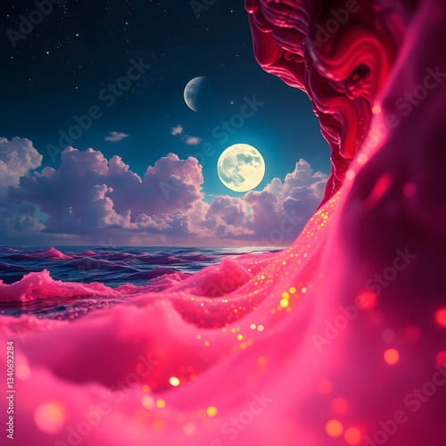 The moonlit sea, clouds, moon, and stars have an otherworldly appearance with soft focus and a hazy background art illustration design