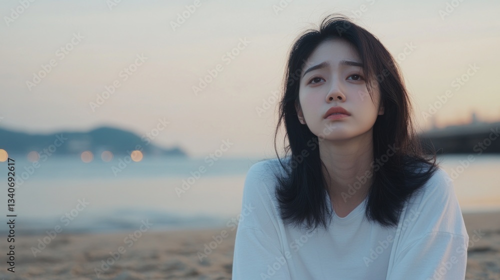 Thoughtful woman sitting on beach during sunset with soft waves Thoughtful woman sitting on beach during sunset with soft waves