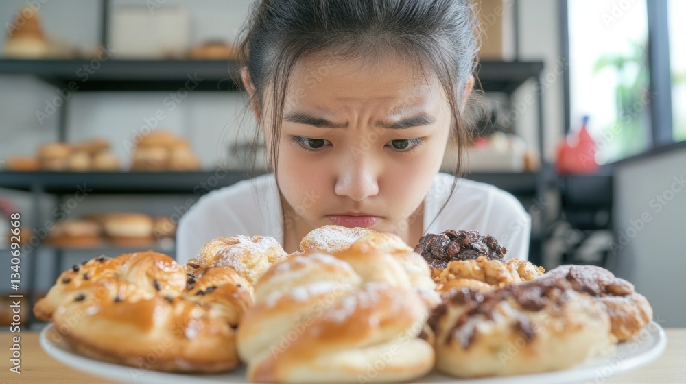Young Girl Disappointed by Pastries on Table at Bakery Display Young Girl Disappointed by Pastries on Table at Bakery Display