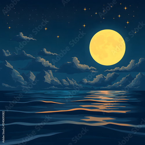 The moonlit sea, clouds, moon, and stars have an otherworldly appearance with soft focus and a hazy background art illustration design