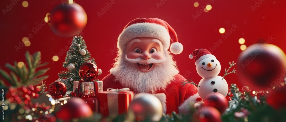 Santa Claus surrounded by Christmas decorations, presents, snowman, festive atmosphere, holiday spirit, joy, celebration, winter wonderland, cheerful vibes. Santa Claus surrounded by Christmas decorations, presents, snowman, festive atmosphere, holiday spirit, joy, celebration, winter wonderland, cheerful vibes.