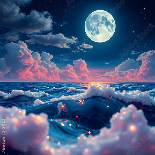 The moonlit sea, clouds, moon, and stars have an otherworldly appearance with soft focus and a hazy background art illustration design