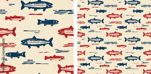 Salmon Trout Fishing  Adventure Wild Outdoors Seamless Vector Illustration