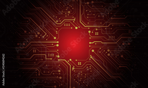 Abstract yellow circuit board technology connected lines electronics elements computer motherboard chip processor semiconductor digital on red background vector