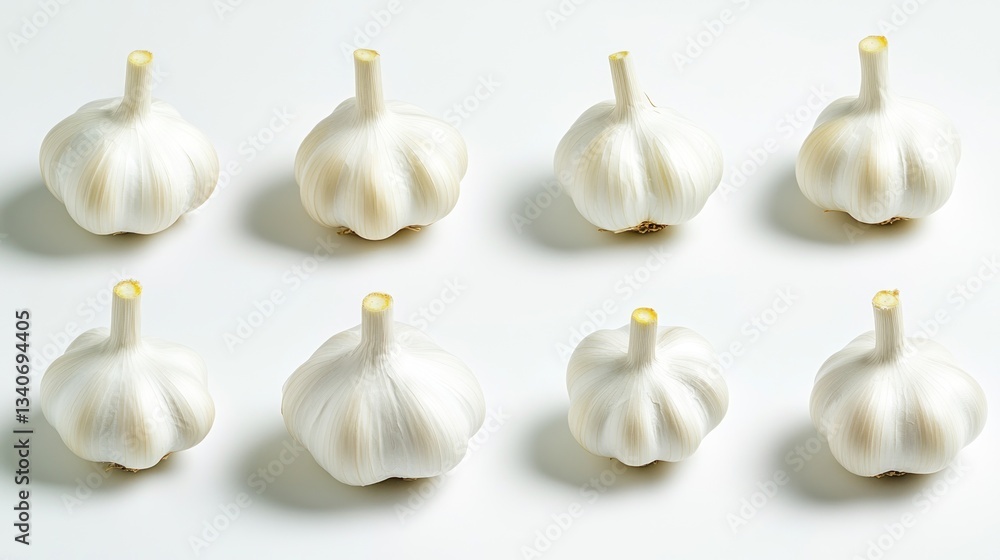 Fototapeta premium Eight Bulbs of Garlic on White Background