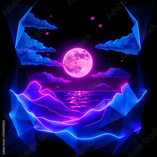 The moonlit sea, clouds, moon, and stars have an otherworldly appearance with soft focus and a hazy background art illustration design