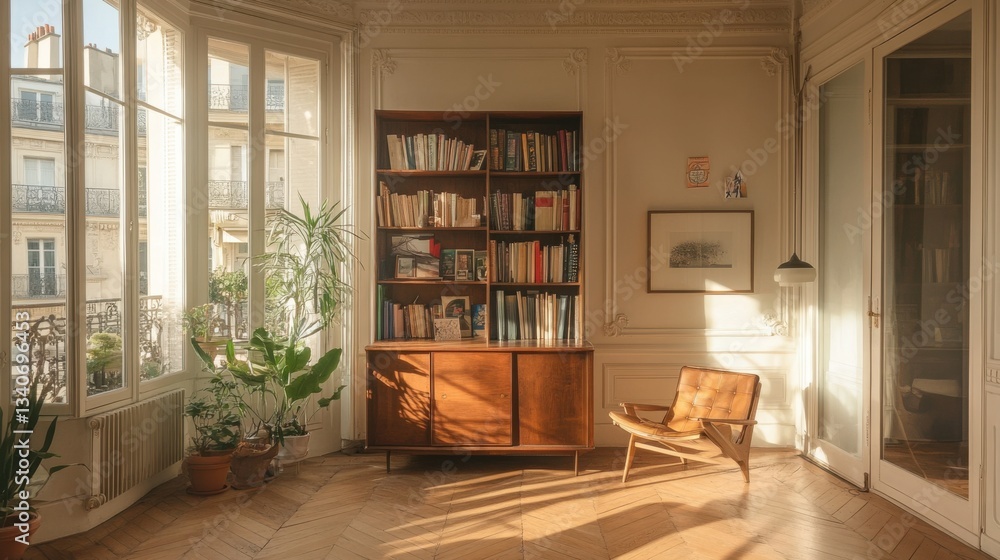 Fototapeta premium Antique wooden bookcase in a bright apartment with ceiling moldings and parquet floor.