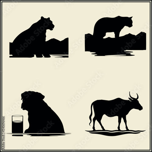 Silhouette of Animal, Drinking Water