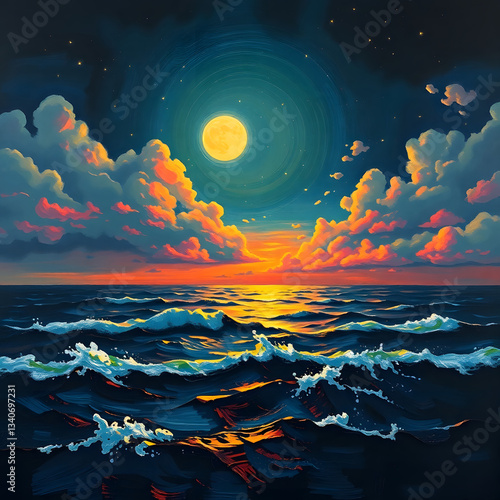 The moonlit sea, clouds, moon, and stars have an otherworldly appearance with soft focus and a hazy background art illustration design