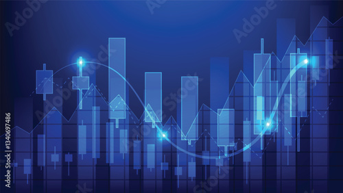 economy and stock market trend. candlestick and bar chart on blue background