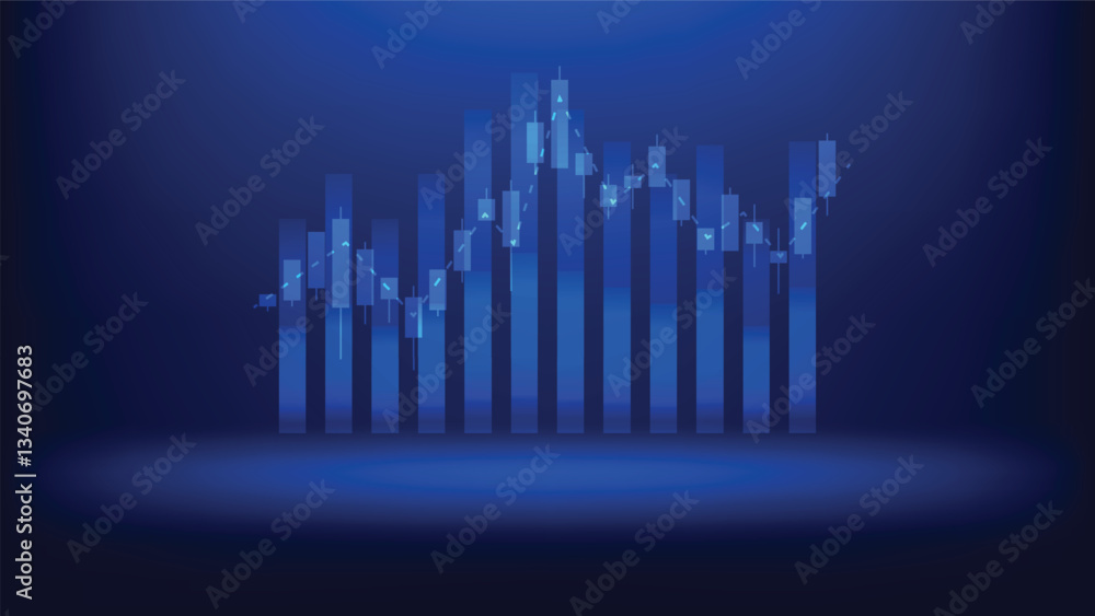 bar chart and candlesticks on blue background. finance and business earnings bar chart and candlesticks on blue background. finance and business earnings