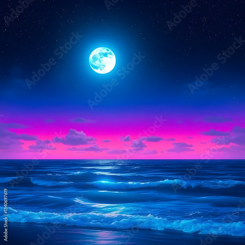 The moonlit sea, clouds, moon, and stars have an otherworldly appearance with soft focus and a hazy background art illustration design