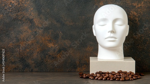 Serene Contemplation White Mannequin Head atop Stone Podium with Coffee Beans Assemblage Backdrop