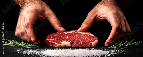 Preparing Raw Steak with Salt and Rosemary Sprigs on a Black Surface for Cooking Process