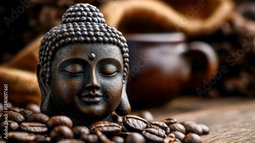 Serene Contemplation Buddha with Coffee Beans Aroma Richness and Warmth Meditative Stillness