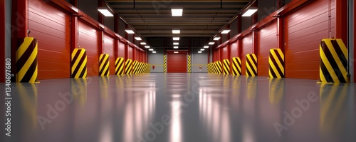 Interior of a Warehouse with Red Doors and Safety Striped Bollards for Logistics Operations