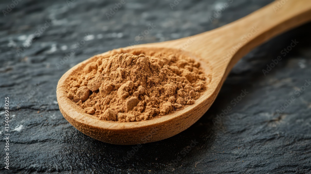 Red maca powder in a wooden spoon, side view --ar 16:9 Red maca powder in a wooden spoon, side view --ar 16:9