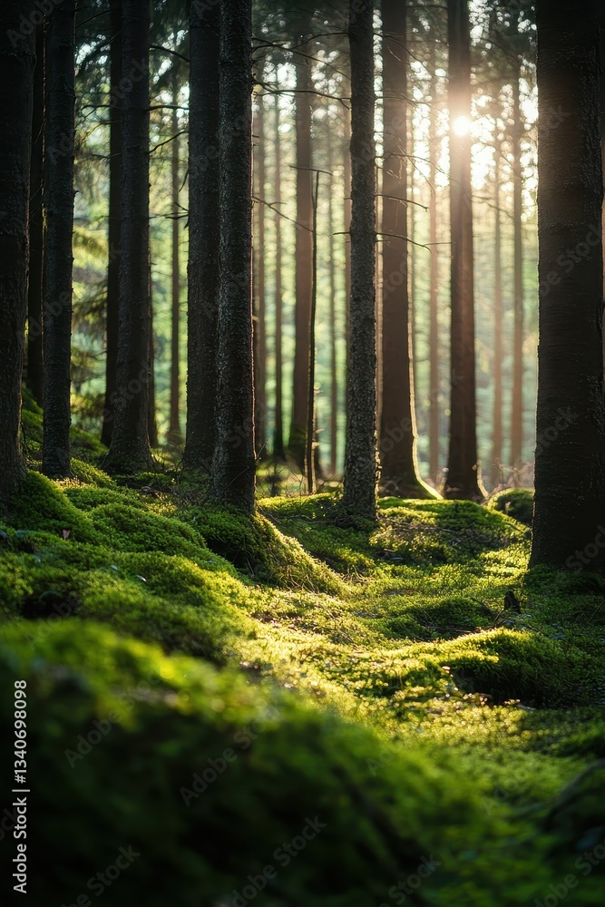 Fototapeta premium Sunlight streaming through trees in lush forest, tranquil nature path, serene outdoors, eco-friendly, Earth Day inspiration, peaceful scenery, green landscape.