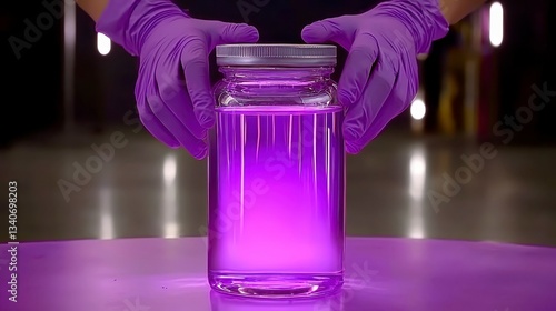 Jar of Luminescent Purple Liquid Being Held by Person Wearing Lavender Gloves in Laboratory