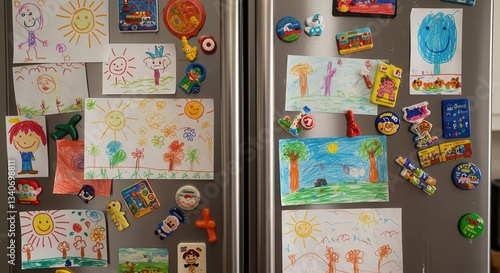 Drawings and Magnets Decorate a Refrigerator Door Featuring Childlike Artwork