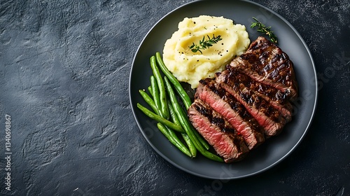 Wallpaper Mural Sliced steak on a plate served with mashed potatoes and beans Torontodigital.ca