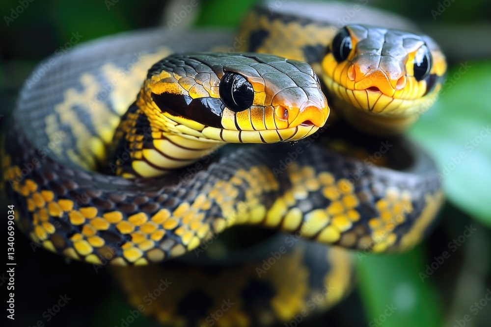 Fototapeta premium Close-up shot of a snake coiled around a branch, highlighting its scales and texture