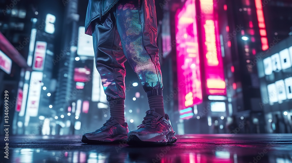 Fototapeta premium Person Standing on Street at Night with Neon City Lights