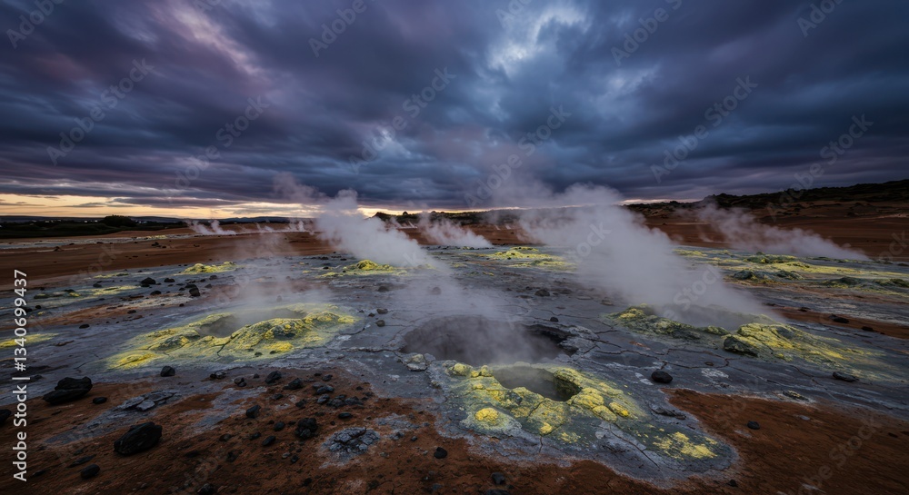 Fototapeta premium Steaming Geothermal Landscape Under Dramatic Sky with Yellow Mineral Deposits