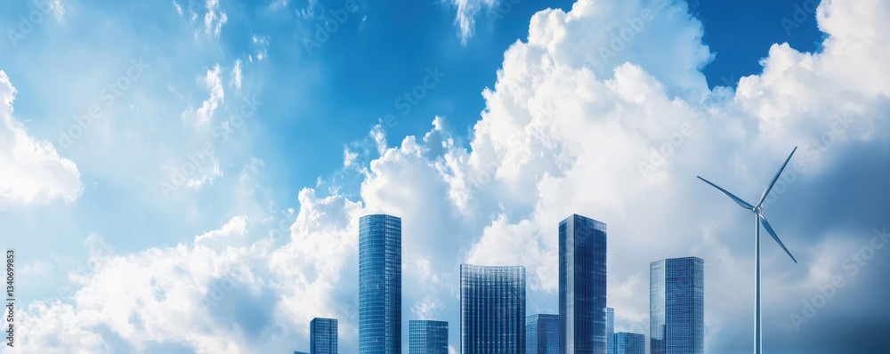 Fototapeta premium A modern city skyline featuring tall buildings under a bright blue sky with fluffy clouds and a wind turbine in the foreground.