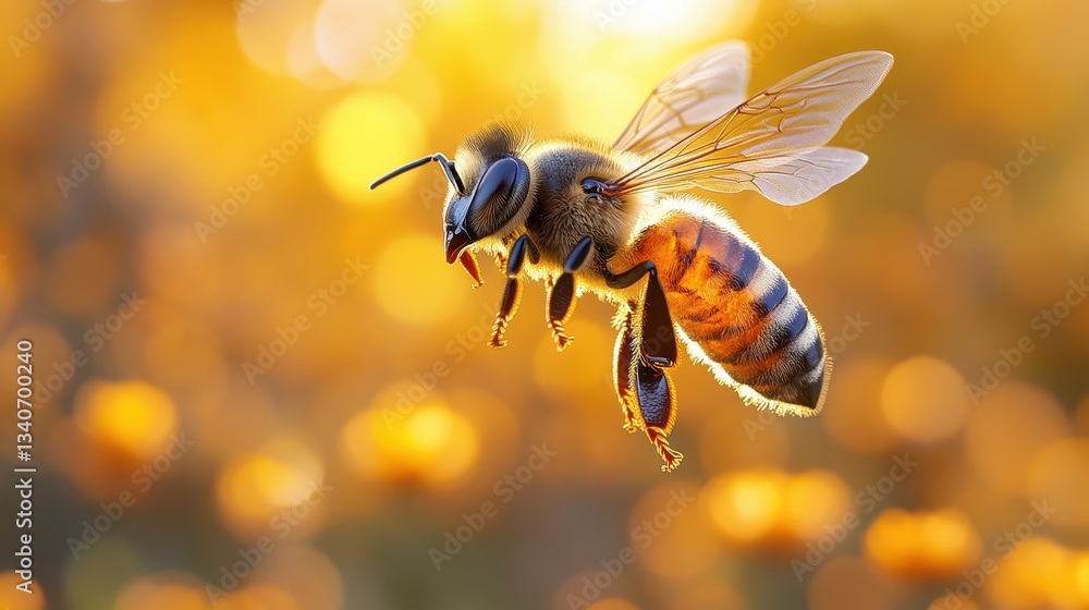 Fototapeta premium Honeybee in flight over yellow flowers