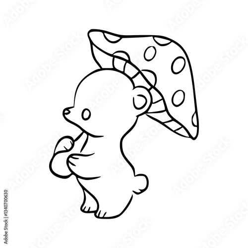 cute baby bear with mushroom umbrella illustration