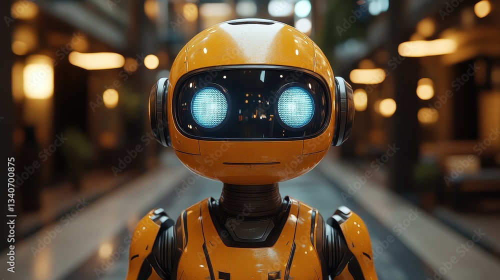 Yellow robot with glowing blue eyes in indoor setting Yellow robot with glowing blue eyes in indoor setting