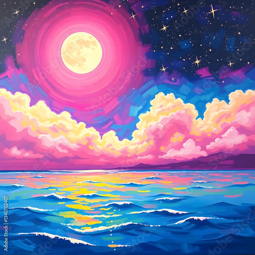 The moonlit sea, clouds, moon, and stars have an otherworldly appearance with soft focus and a hazy background art illustration design